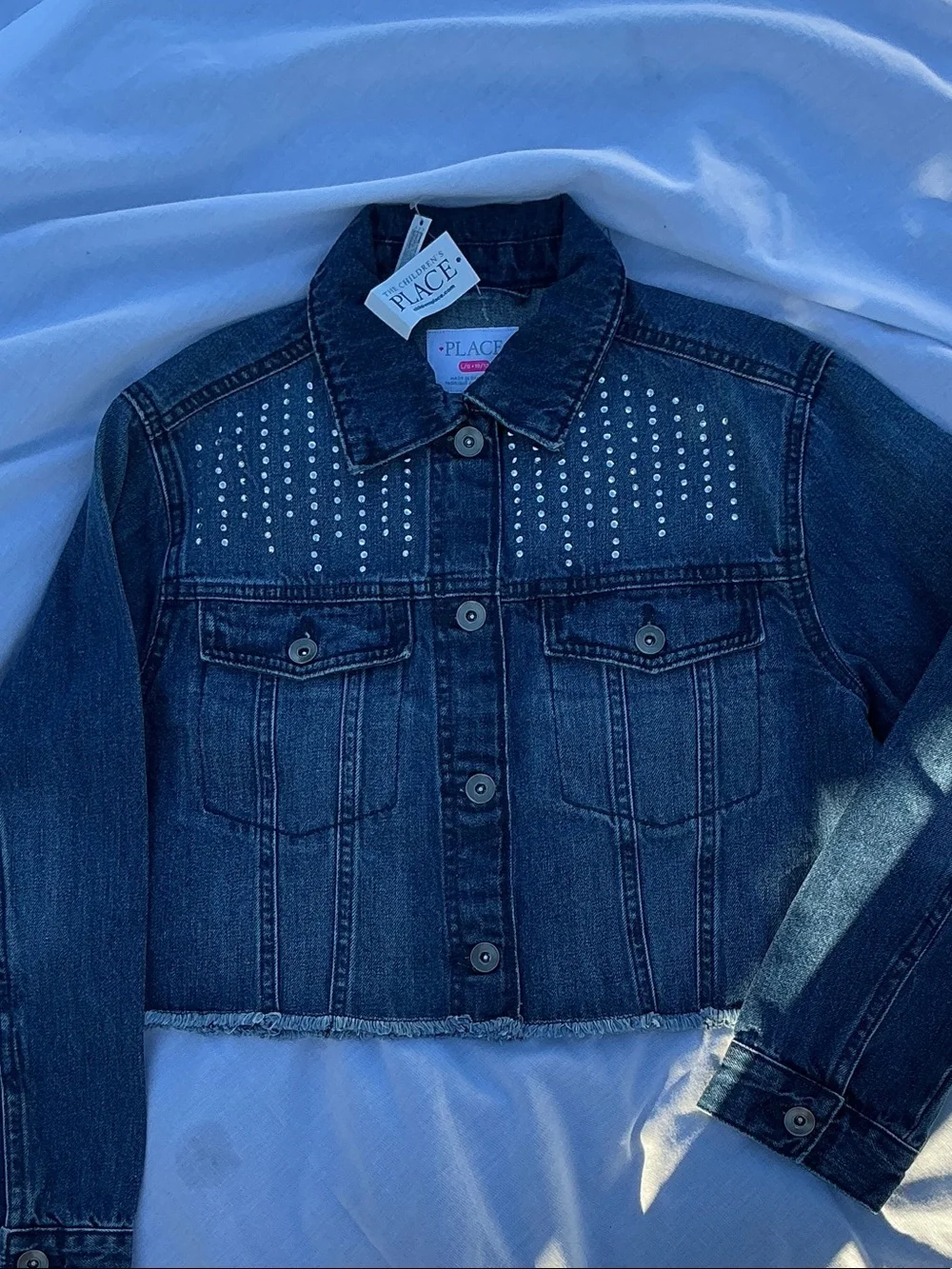 The Children's Place Dark Blue Stud Detail Cropped Denim Jacket